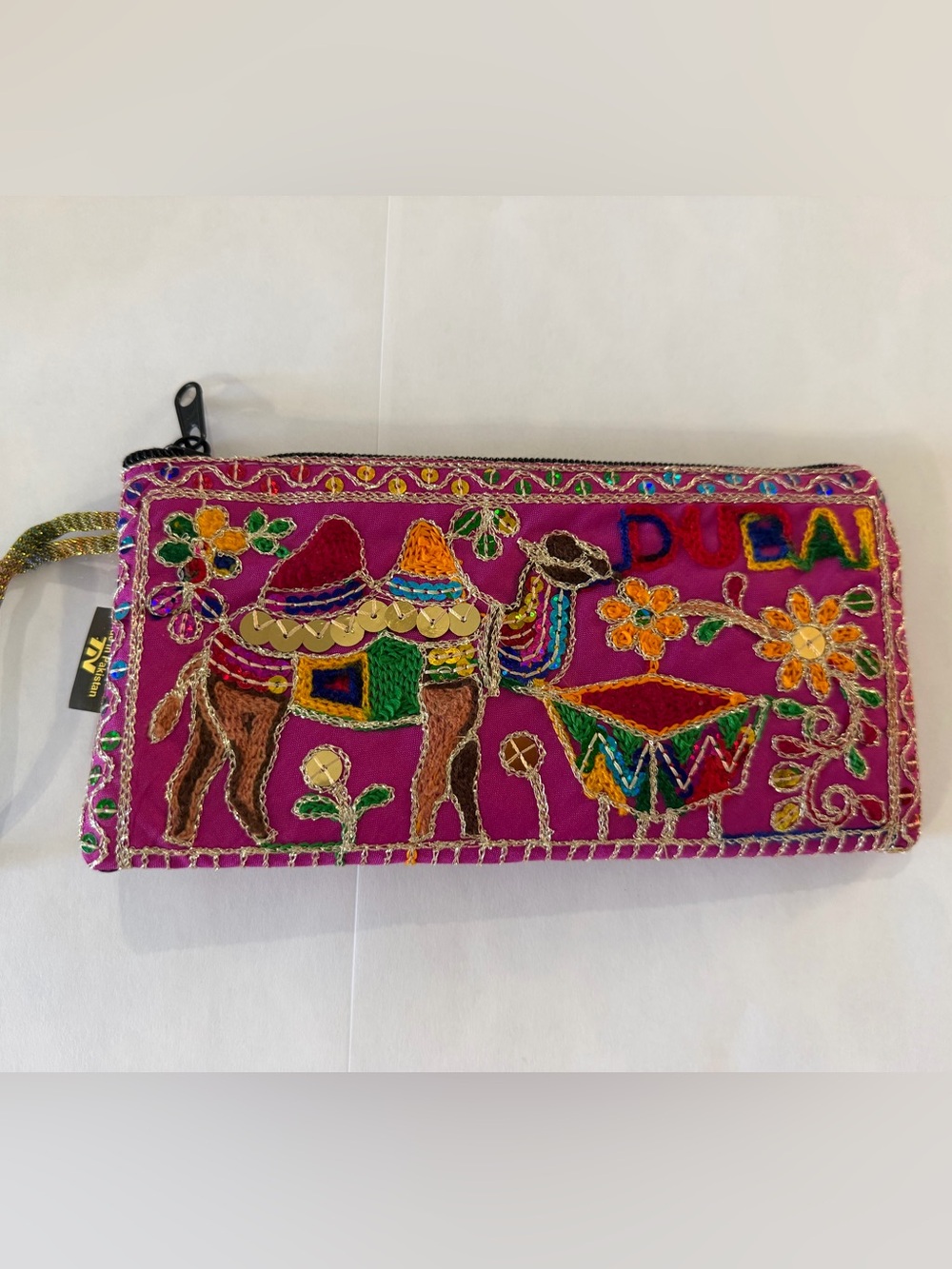 Vibrant Magenta Pink Embroidered Camel Wristlet Pouch – Dubai Souvenir Clutch